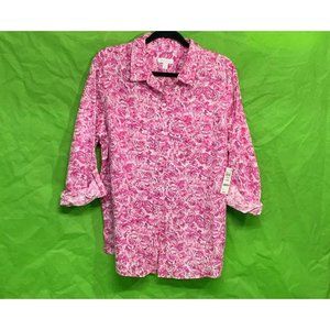 Charter Club Linen Printed Point collar Blouse - Dark Pink - Size: X-Large